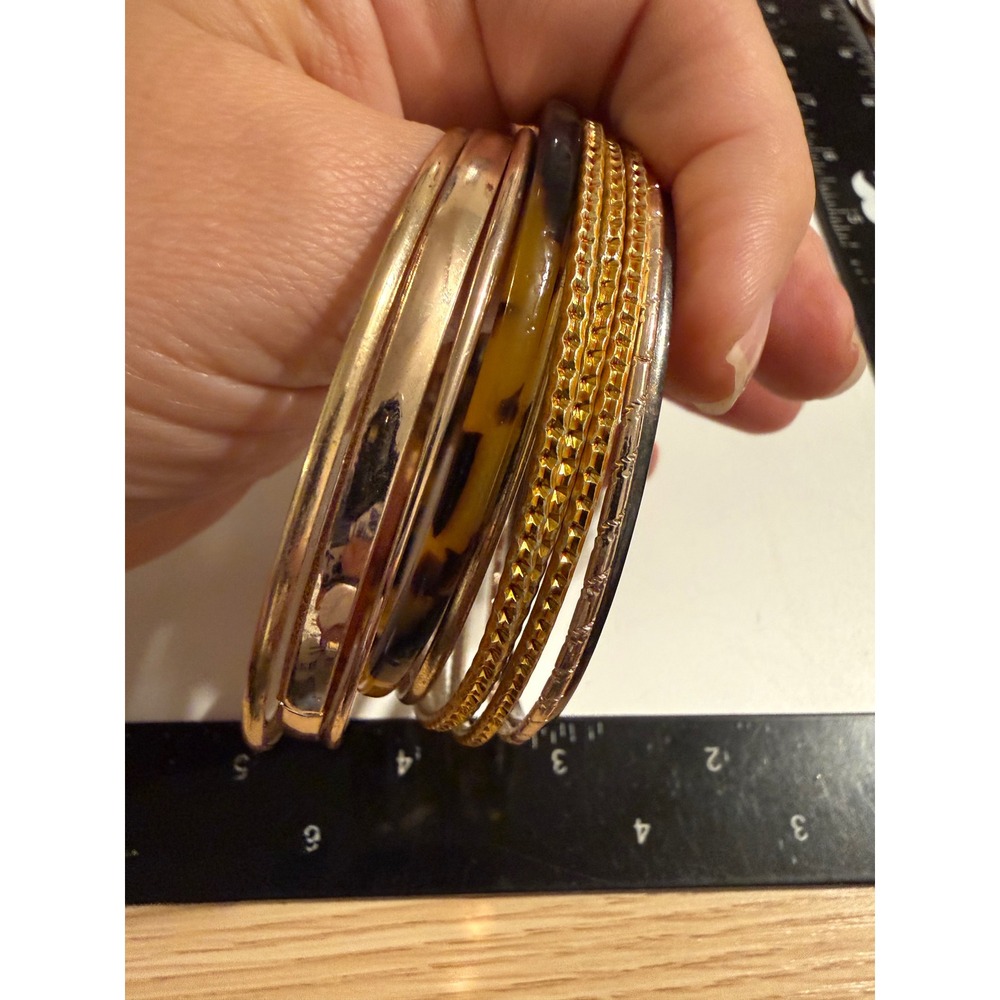 Gold Tone and Tortoiseshell Bangle Bracelet Set 7 Piece Stacked Mixed Media